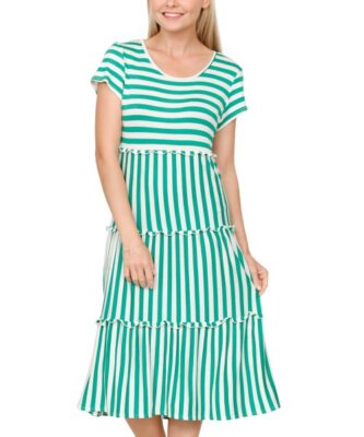 Green Stripe Tiered-Ruffle Midi Dress Size L | eBay