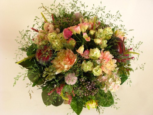 Strauß Blumen Seidenblumen Dahlie Heide Hopfen Beeren Pflaumen rosa flieder - Bild 2 von 12