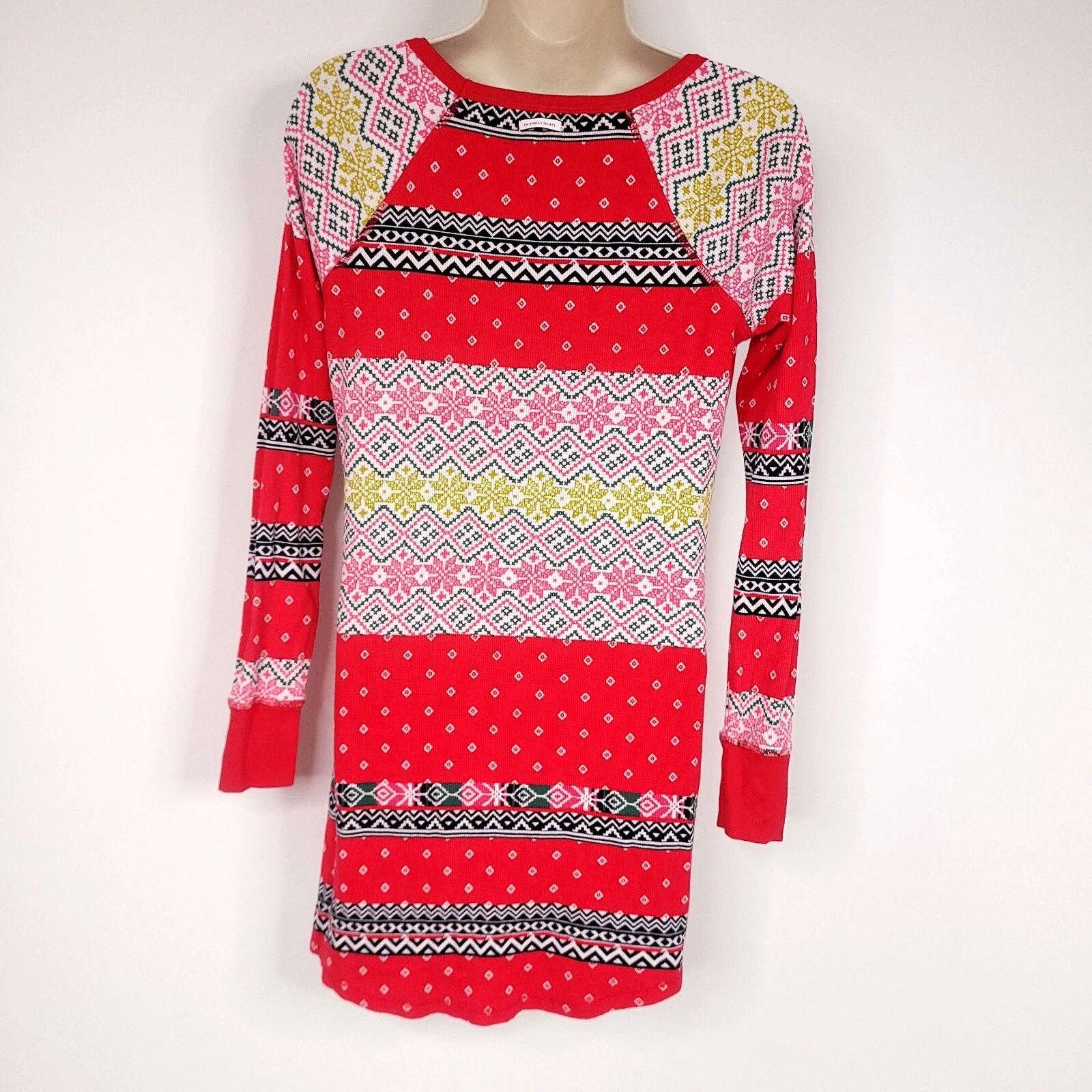 UNDERCOVER Victorias Secret Sleep Shirt Vestito XS Multicolore Manica Lunga Termico Fiocco di Neve