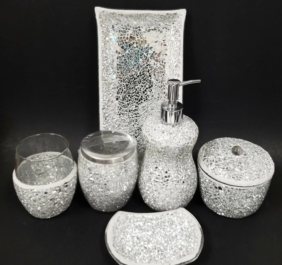 6 PC Argento Vetro Mosaico Riflettente Dispenser, Vassoio+Barattolo+Piatto+ - Immagine 3 di 4