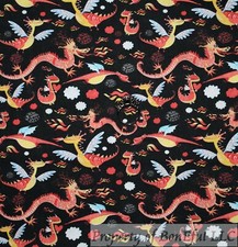 BonEful Fabric FQ Cotton Quilt Black Gold Chinese Flying Magic Dragon Red Flame