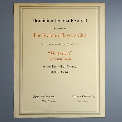 Signed 1934 Dominion Drama Festival Award Autograph by Vincent Massey/HC Osborne