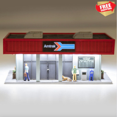 O Scale Amtrak Train Station Prelit Building Sign Figures Animated Lighting NEW