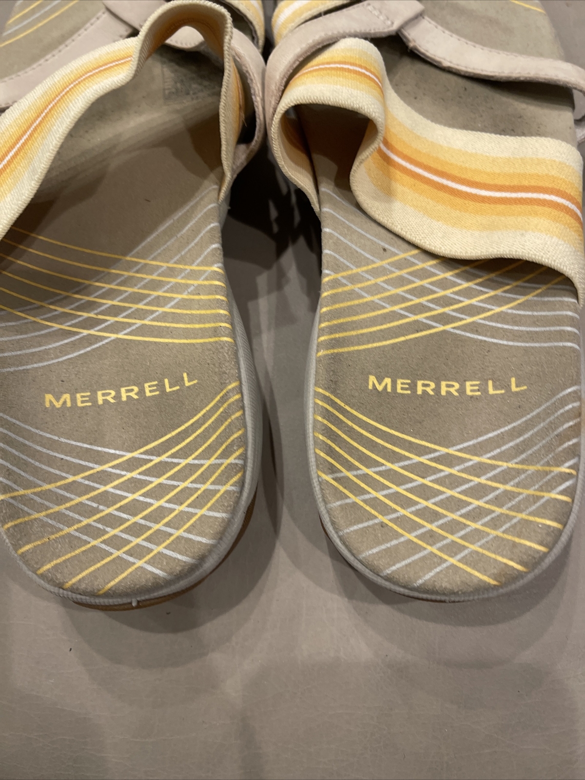 Sandali donna Merrell taglia 7 zinnia fodera argento lino giallo grigio cinturino