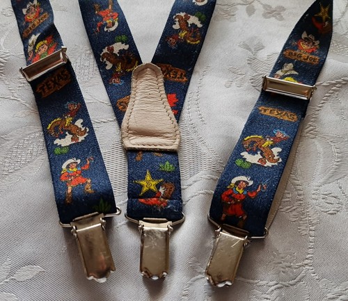 VINTAGE AUTHENTIC ELASTANE FABRIC CARTOON BLUE KIDS BOYS SUSPENDERS - Picture 2 of 6