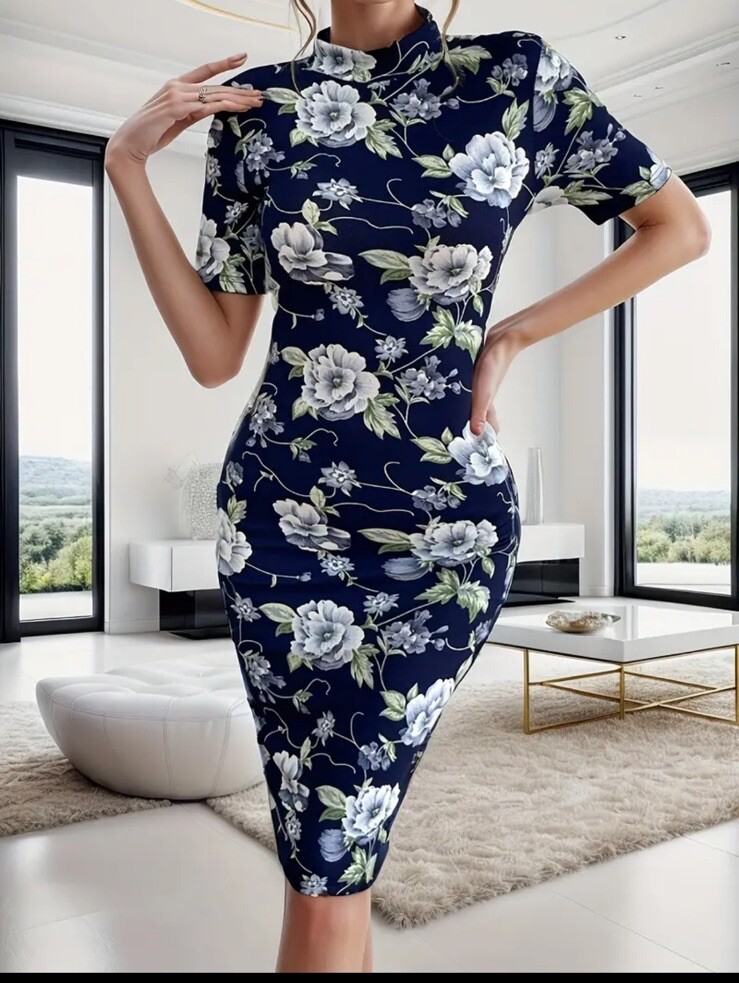 navy floral bodycon dress Blue Floral Bodycon Above The Knee Dress Mock Neck XL US 12 New Free Ship