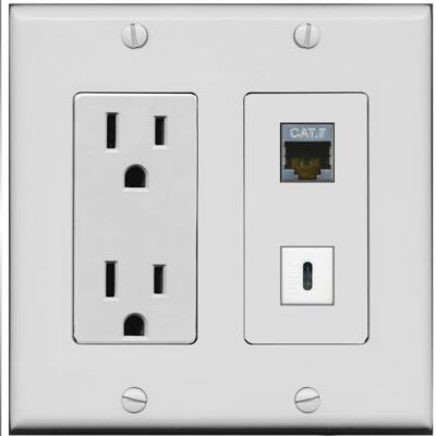 RiteAV 15 Amp Power Outlet and CAT7 USBC Wall Plate [Gray]