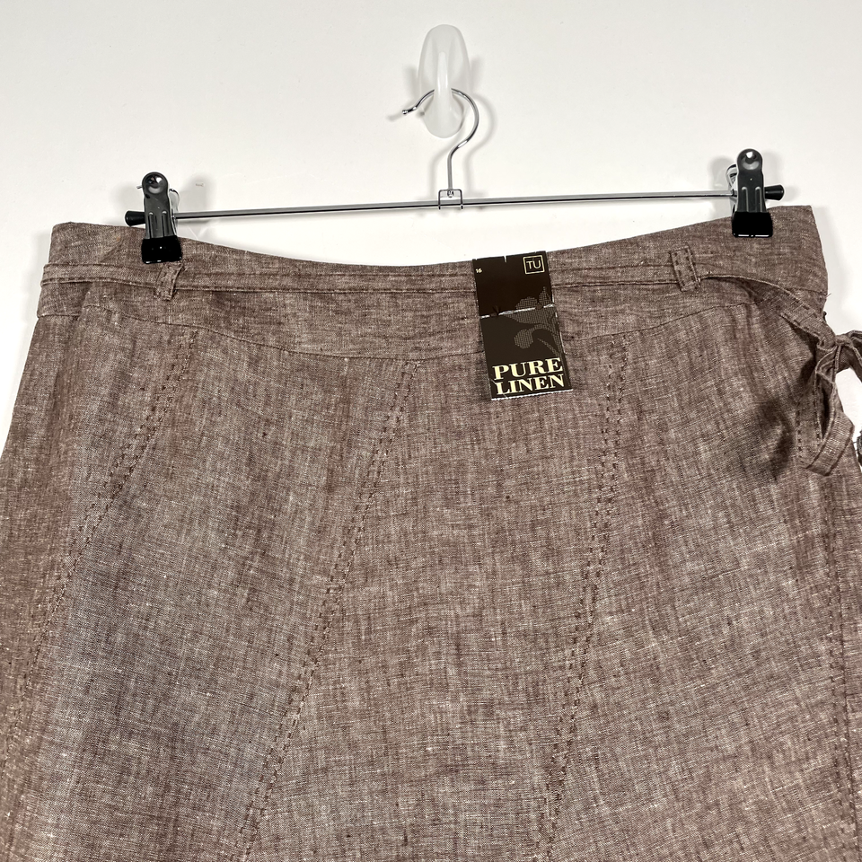 Tu Linen Skirt Womens Size UK 16 100 Linen Brown Flared Summer Casual