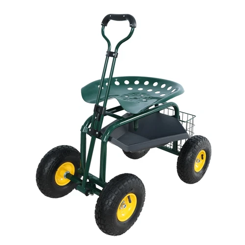 Garden Trolley Rolling Stool, 360° Swivel Seat, Utility Tray & Steering Handle
