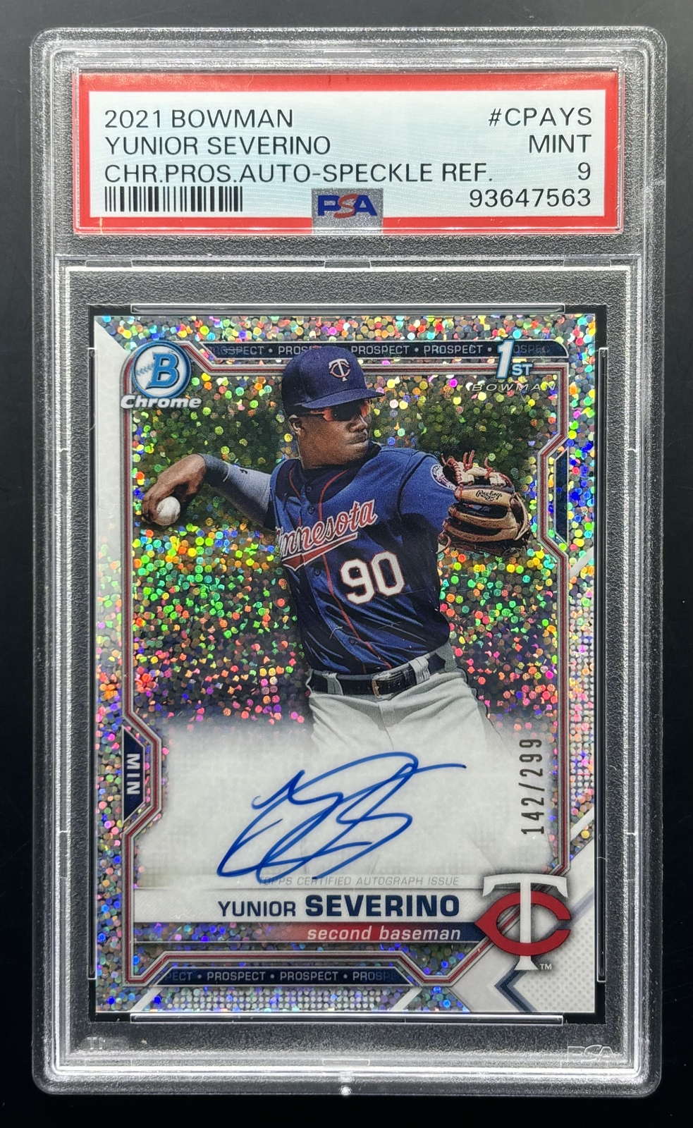 2021 Bowman 1st Chrome Yunior Severino /299 Speckle Ref. Auto #CPAYS PSA 9