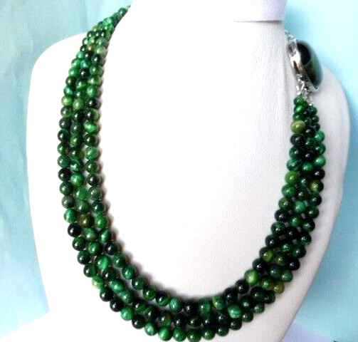 Collier Œil de Lynx vert naturel 415 Cts, collier perles 6mm triple rang femme