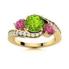 Three Stone Peridot  Pink Topaz 5MM Round 925 Sterling Silver Gold Plated Ring