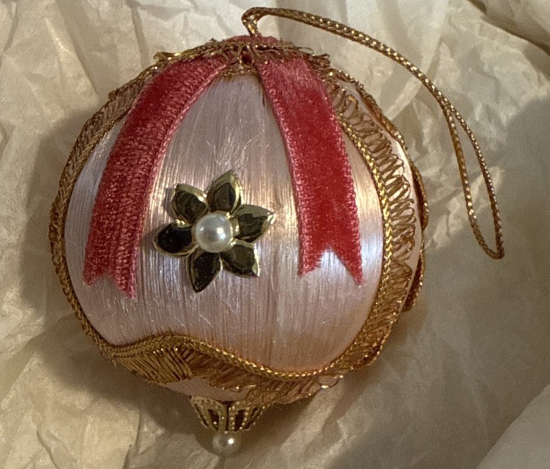 Vintage White Satin Christmas Push Pin Ornament Gold Accents Velvet Ribbon