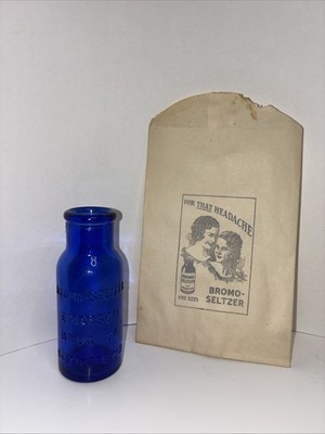 Antique Bromo-Seltzer Cobalt Blue Medicine Bottle&Vintage Drug Store Display Bag