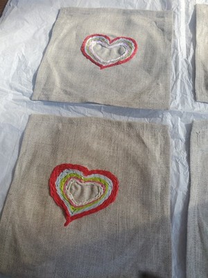 Hand embroidered Heart Cocktail Napkins (4) Linen 6x6 Tablescp Coaster Cottageco