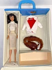 1961 Vintage Brunette Ponytail Barbie W/Travel Case & Leather Jacket, Mink Stole