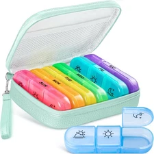 7 Day Pill Organizer 3 Times Daily Cyan Blue with Bag for Vitamins Medications