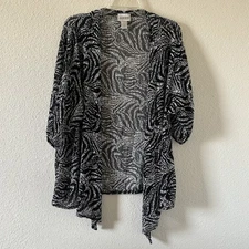 Chico’s Travelers Zebra Mesh shawl Cardigan Women’s 2 Black White Party Date 
