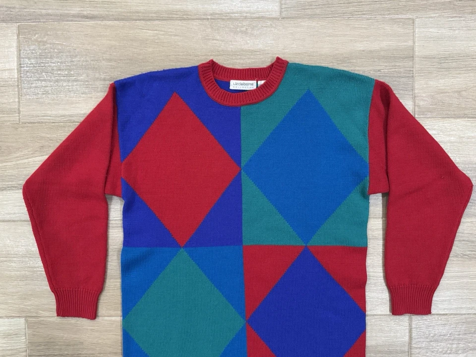 复古 Liz Claiborne 美利奴羊毛毛衣小号男女成人色块 90 年代 Y2K — 第 2/4 张图片
