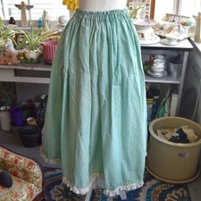 Vintage 70s Handmade Green Calico Prairie Maxi Skirt Lace Trim OSFM