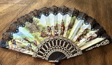 Vintage Spanish Souvenir Fan La Merienda After Goya Black Lace Abanico Decor