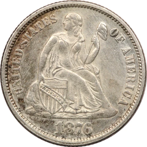 1876 Seated Liberty Dime 10C, About Uncirculated AU+, Toned