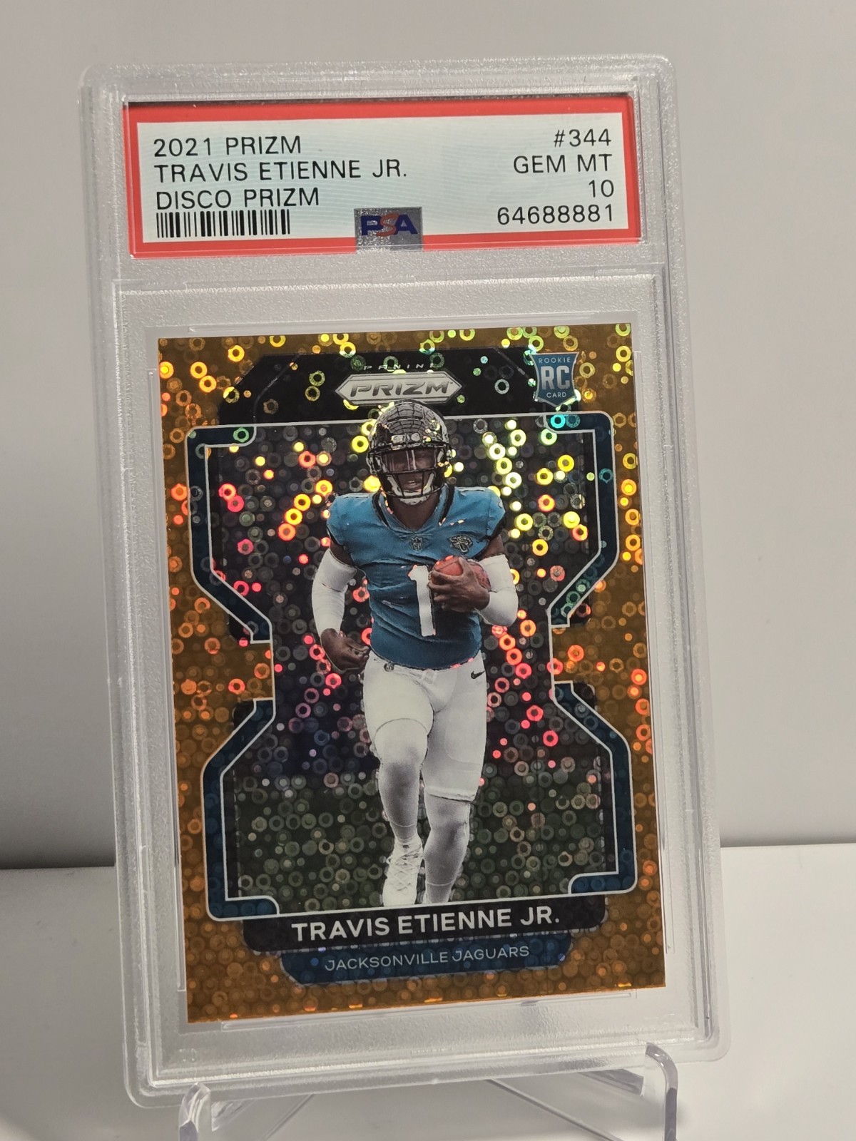 2021 Prizm Travis Etienne Jr. RC Disco Rookie #344 Jacksonville Jaguars PSA 10