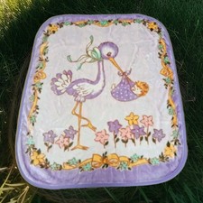 Vintage NovaTex Stork Holding Baby Lavender Lilac 35"x49" Mink Baby Blanket