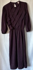 Vtg Jerry Jee 70s Ruffle Pinstripe Burgundy Elastic Waist Fit Flare Midi Dress 9
