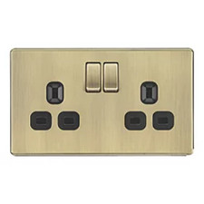 LAP Switched Sockets Double 13A 2 Gang SP Antique Brass Black Inserts - H1