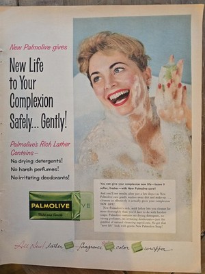 1958 Palmolive green soap Pretty blonde bubble bath vintage original Ad 