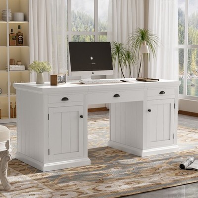 67'' White Modern Executive Desk with USB Ports, Cabinets & Power Outlets