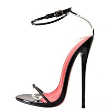 Glossy Black Patent Leather Stiletto Heels Sandals Thin Ankle Buckle Strap Party