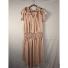 Democracy Cold Shoulder Midi Dress Womens Large Blush Pink Smocked Waist Boho