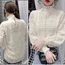 Lady Ruffle Lace Shirt Beaded Flocking Blouse Pullover Tops Turtleneck Cute Chic