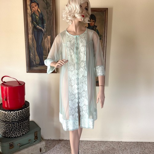 Vintage 1950s Mint Green Nylon Chiffon Pin-up Peignoir Robe M/L - Picture 3 of 8