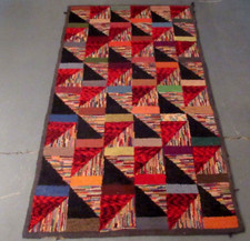 WONDERFUL VINTAGE AMERICAN GEOMETRIC DESIGN HOOKED RUG ON BURLAP ESTATE FIND