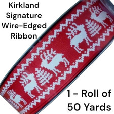 Kirkland Wire Edged Ribbon Red White Reindeer Roll 50 Yards Christmas Wrap 1.5"