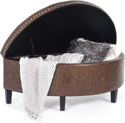 43'' Half Moon Storage Ottoman Bench, Lift Top Faux Leather Storage Ottoman Bench