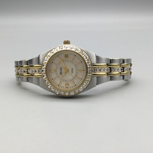 Relic Fossil Watch Women Crystals Silver Tone MOP Date Bling New Battery 6.25" - Picture 6 of 15