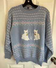 Vintage 80s Blue Cat Pattern Knit Sweater Made In USA