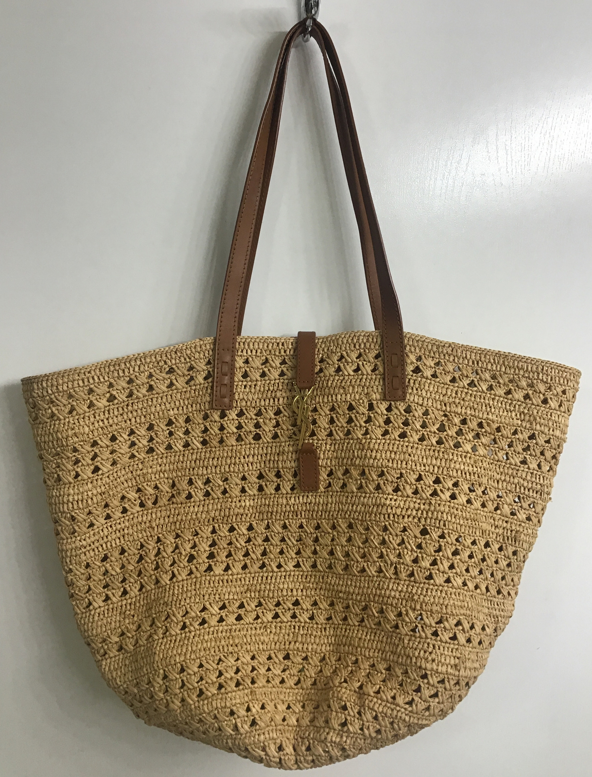 SAINT LAURENT borsa ysl beige aperta rafia panier tote pelle marrone cinghie ottone YSL taglia med