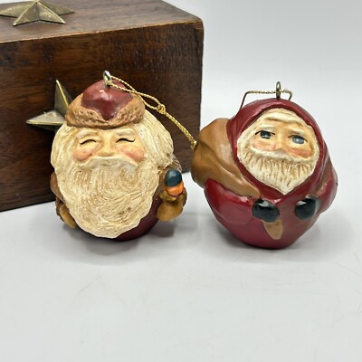 2 Lefever Santa Sinterklaas Ornament Roly Poly Folk Art Signed Resin Farm House