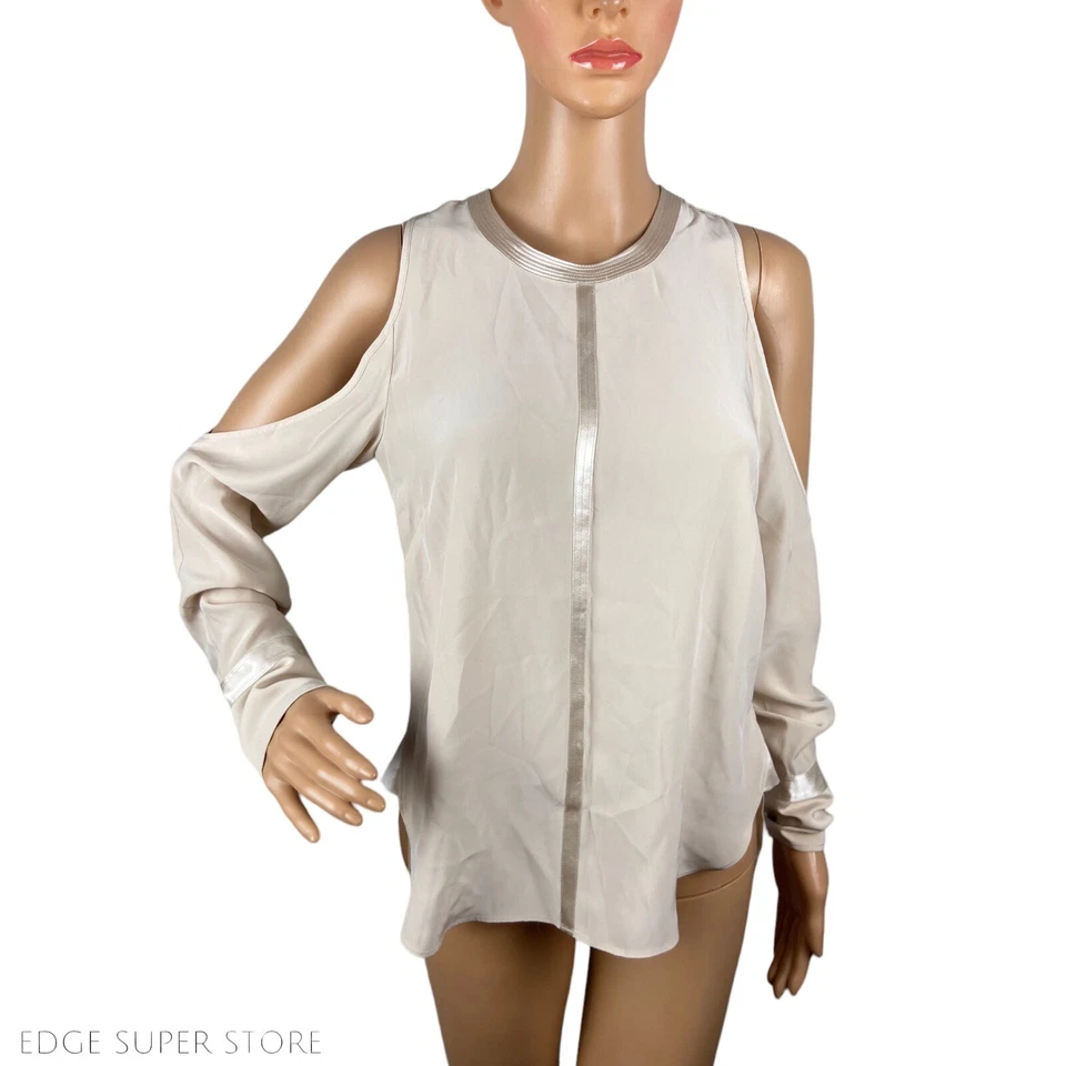 Elizabeth And James Nude Beige Cold Shoulder 100% Silk Top Blouse Size Small - Image 3 of 4