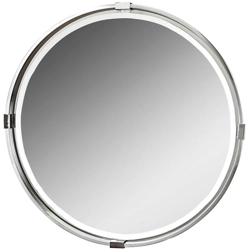 TWO TAZLINA 30" MODERN BRUSHED NICKEL METAL BEVELED ROUND WALL MIRRORS  09109 - Picture 2 of 4