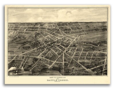 Bird's Eye View 1870 Battle Creek Michigan Vintage Style City Map - 24x32