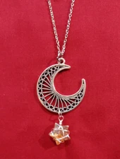 Crescent Moon Filgree Silverplate & wire wrapped art glass star pendant necklace