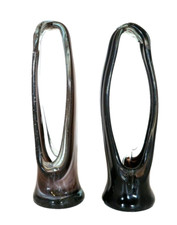 Art Glass Vase Hand Blown Stretched Basket Smoky Gray Black Purple Set of 2