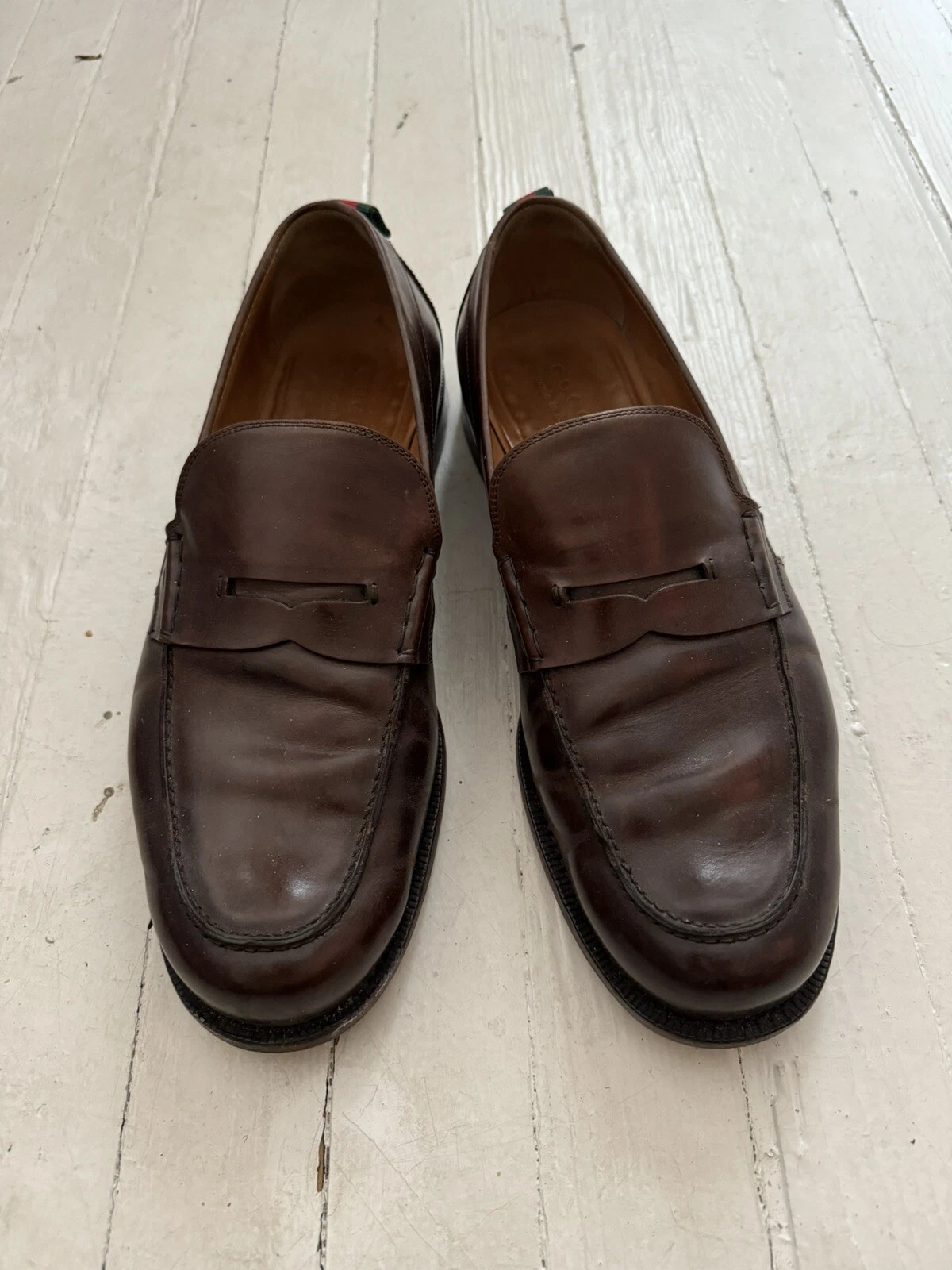 Mocassins Gucci chaussures cuir marron brun brun rouge/vert rayures sur le talon US 12,5