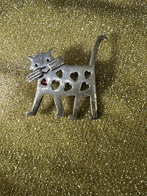 Retro Much Heart Cat Brooch Sterling Silver